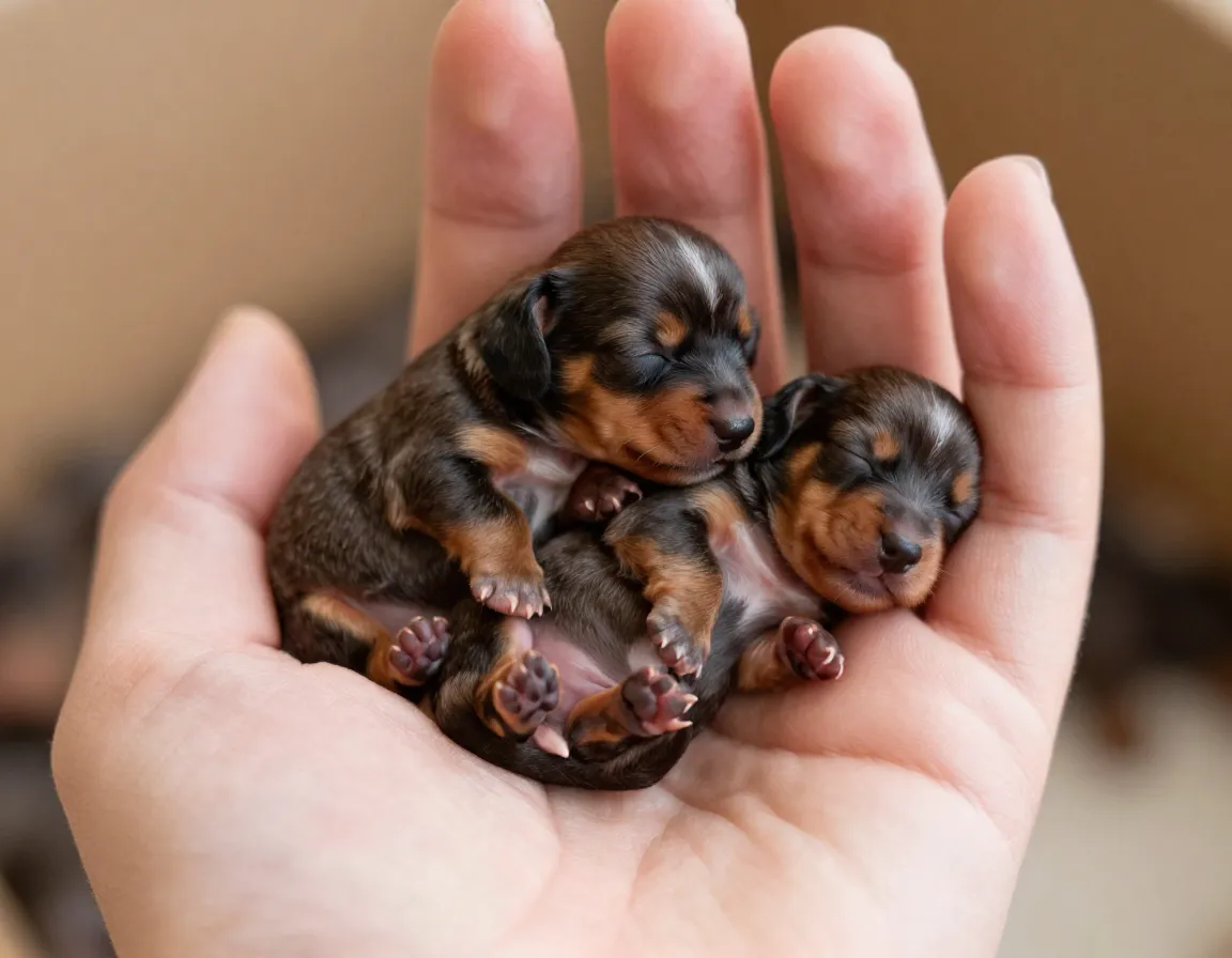 Tiny newborn dachshund puppies in an open human palm
