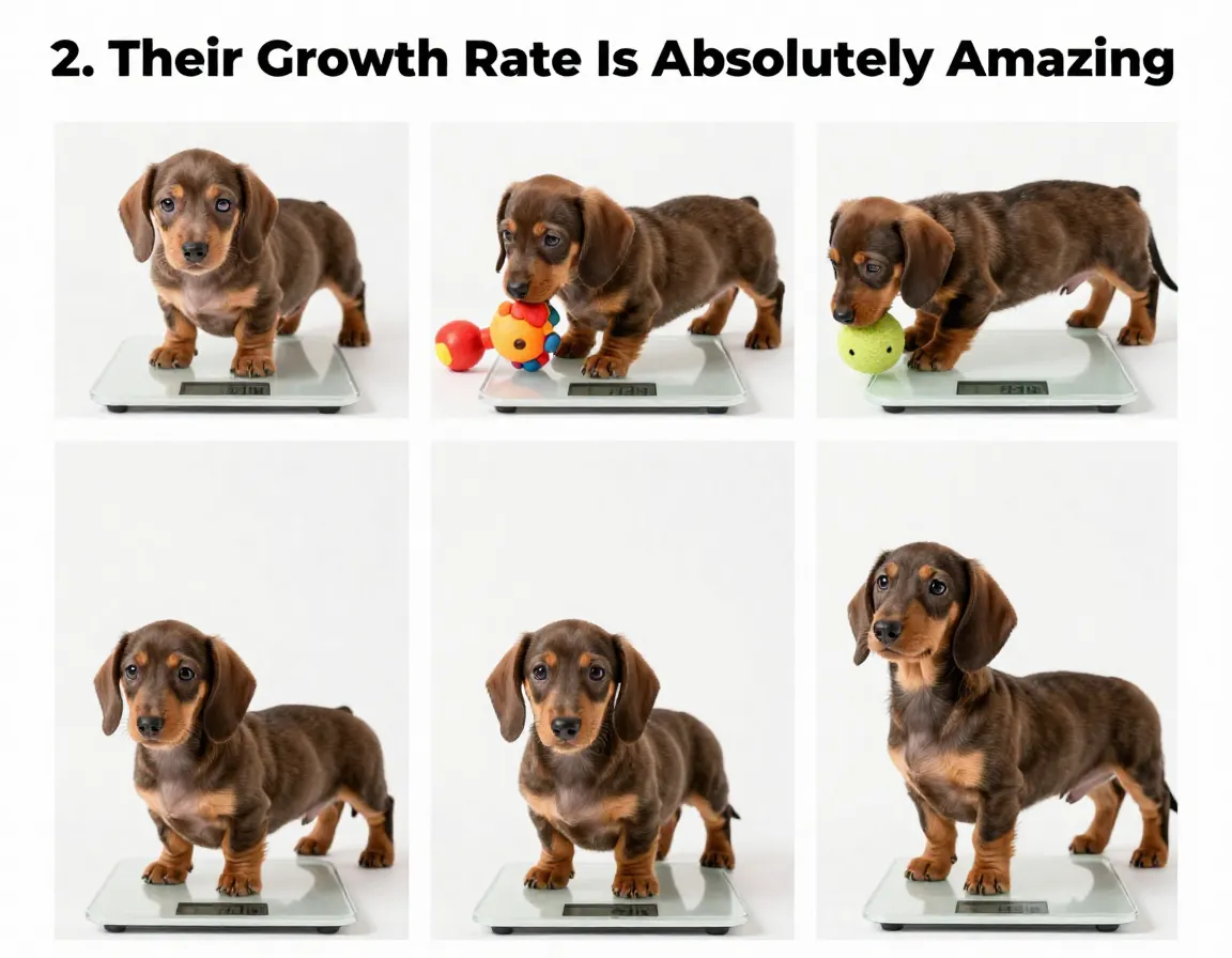 Four stage growth sequence of a dachshund puppy from one to six months