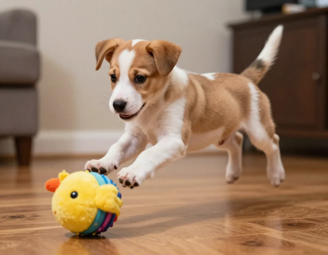 Puppy pounces on squeaky toy cautious approach victory celebration