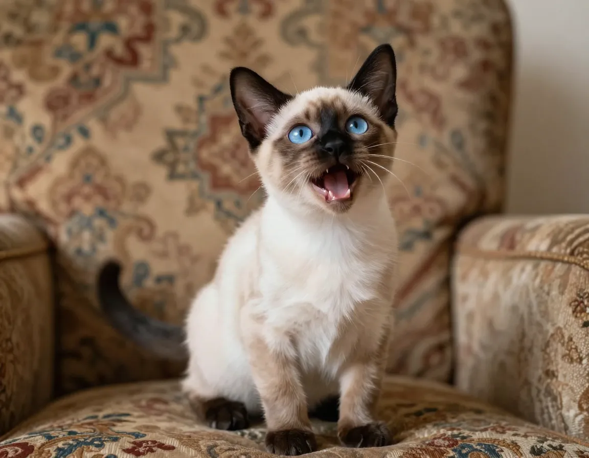 Blue point siamese kitten looking up vocalizing patterned armchair