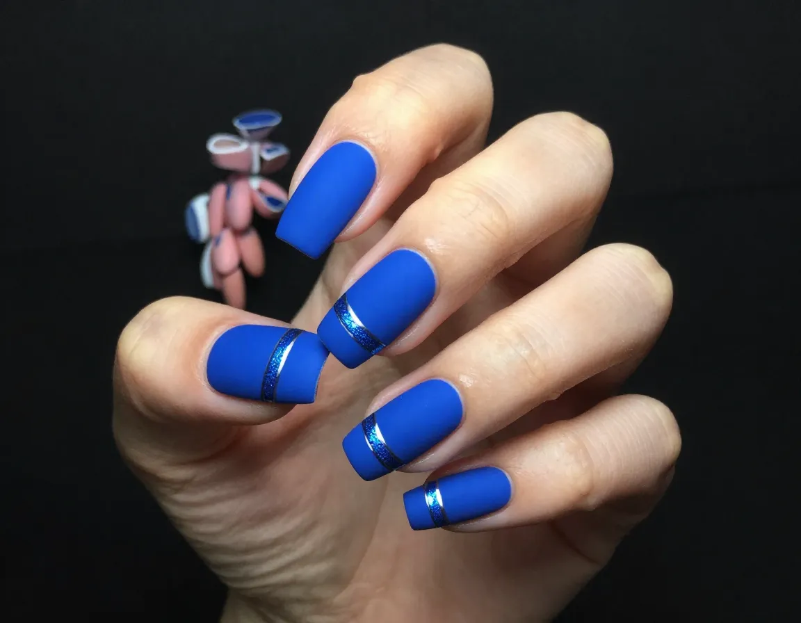 Bold matte blue nails with glossy magnetic stripes contrast