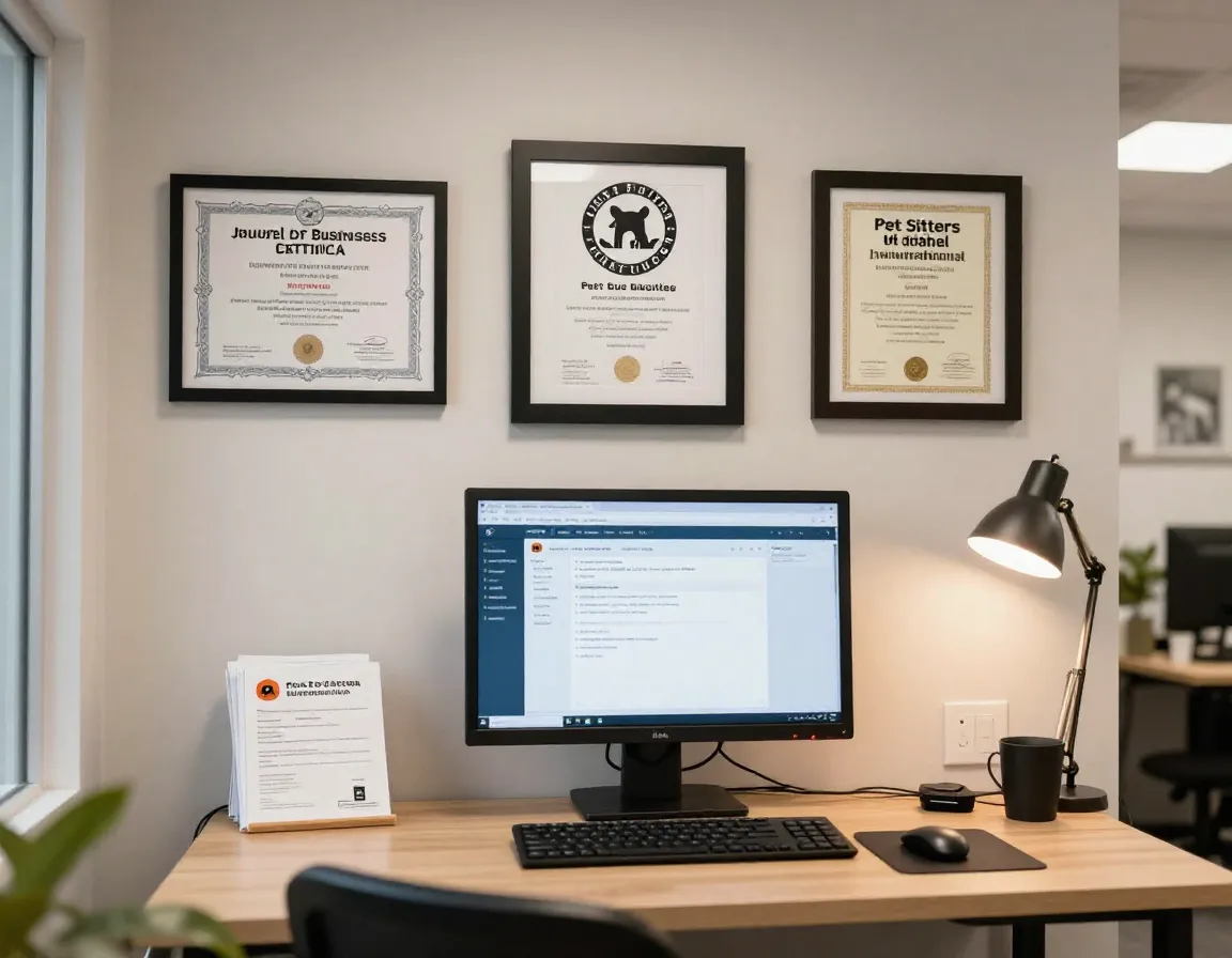 Insured pet sitting company office displays licenses and bonding certificates