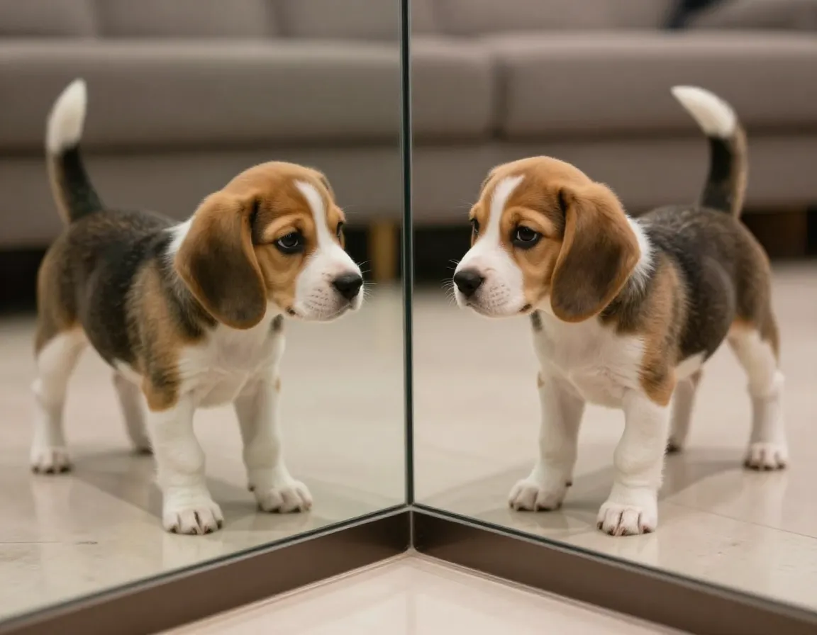 Puppy meets mirror reflection play bow confused head tilt