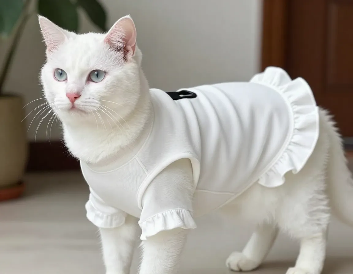 White cat wearing frisco v ruffle sweater dress with built in leash hole