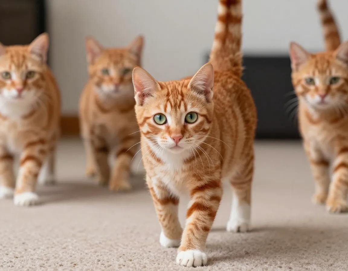 Bright orange tabby kitten confidently approaching camera carpet