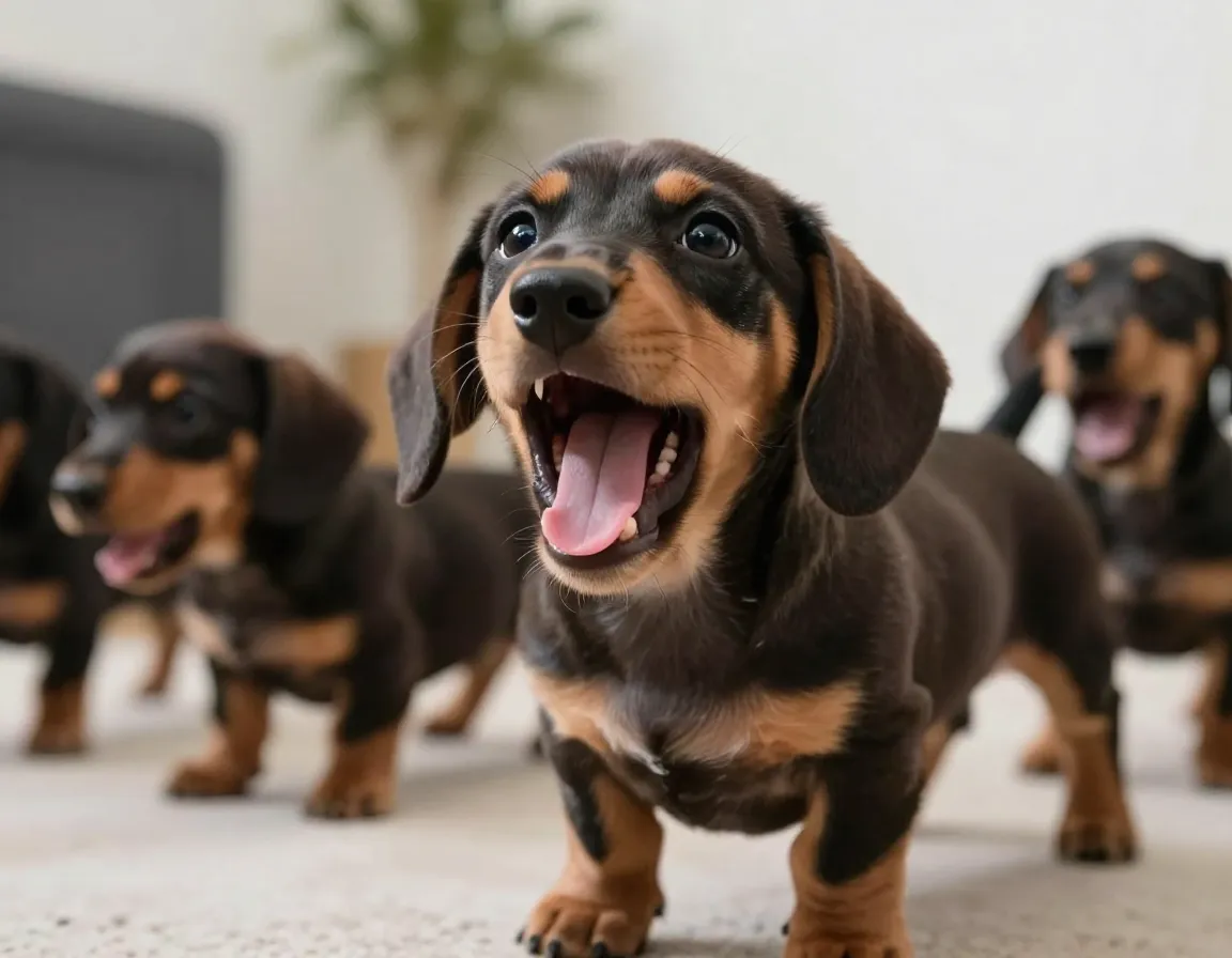 Eight week old dachshund puppy barking during play with littermates