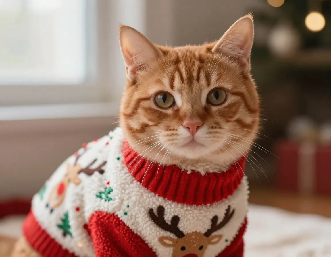 Orange tabby cat wearing polar fleece reindeer motif christmas sweater