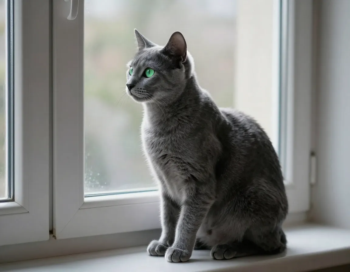 Blue gray russian blue kitten sitting elegantly windowsill gazing