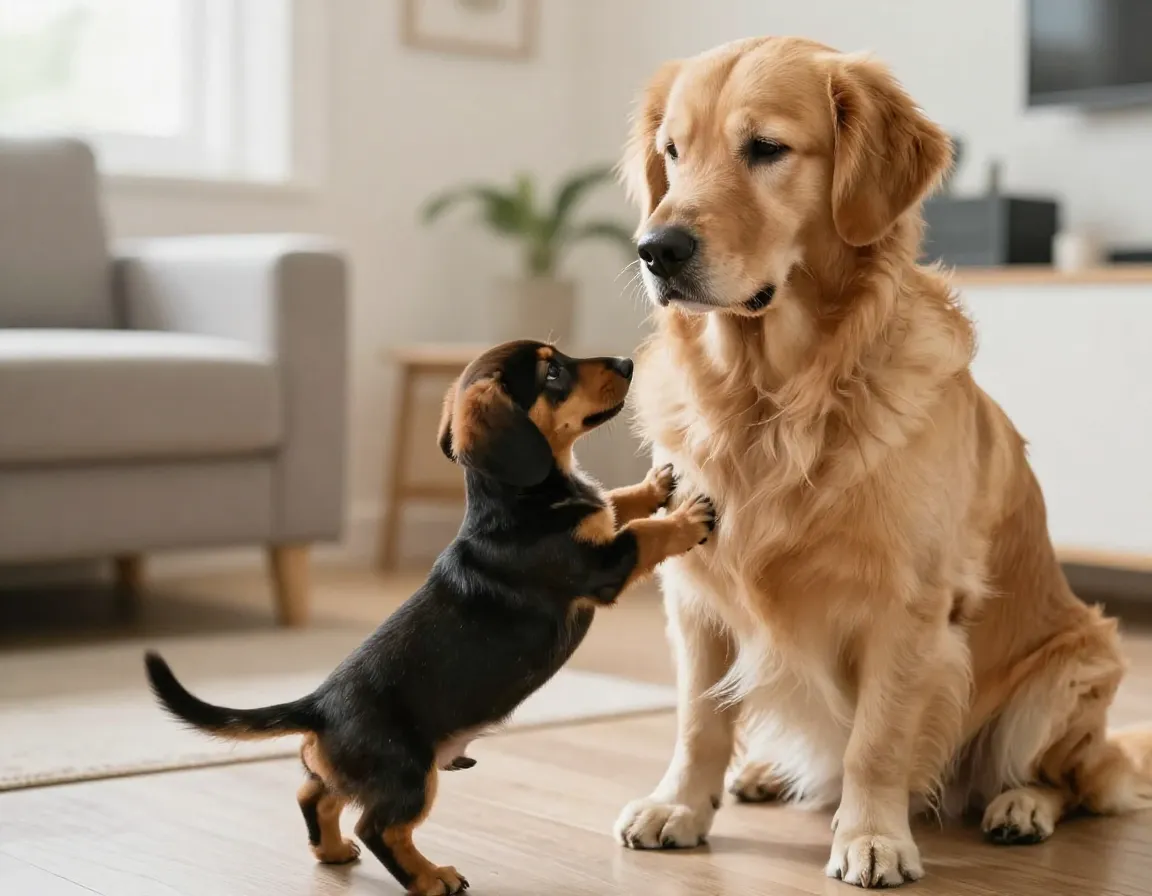 Bold dachshund puppy fearlessly interacting with a patient golden retriever