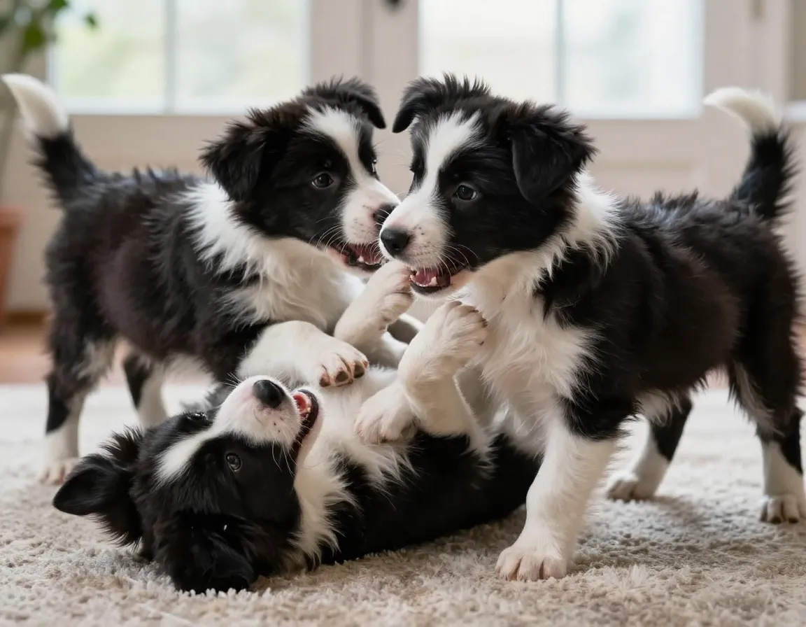 Puppies engage gentle wrestling match learning bite inhibition