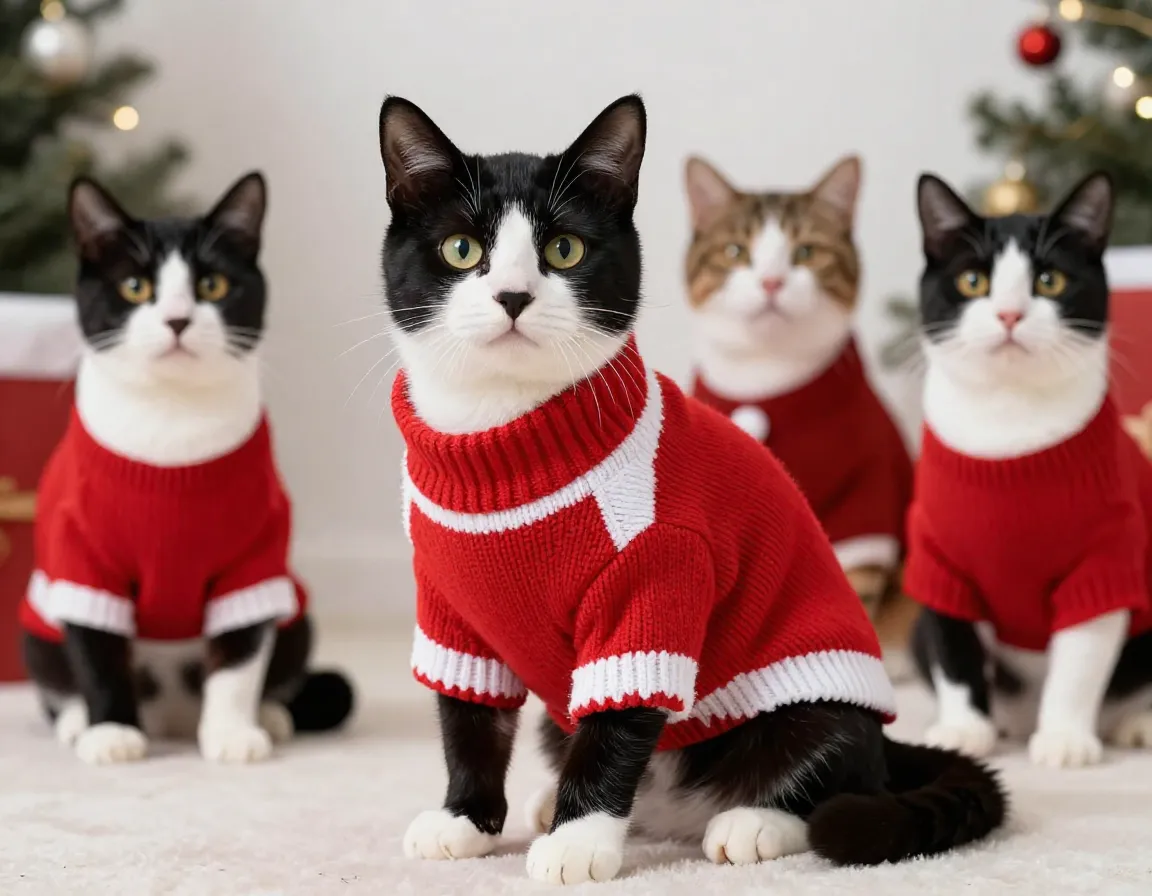 Tuxedo cat wearing santa claus themed red and white pullover sweater
