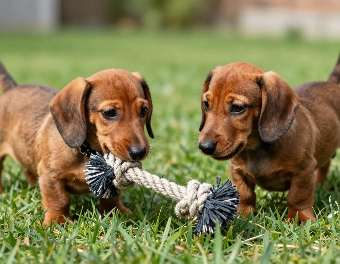 Two puppies share toy polite approach parallel play