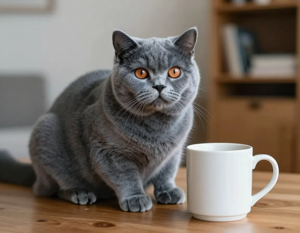 Round faced british shorthair kitten sitting contentedly coffee mug