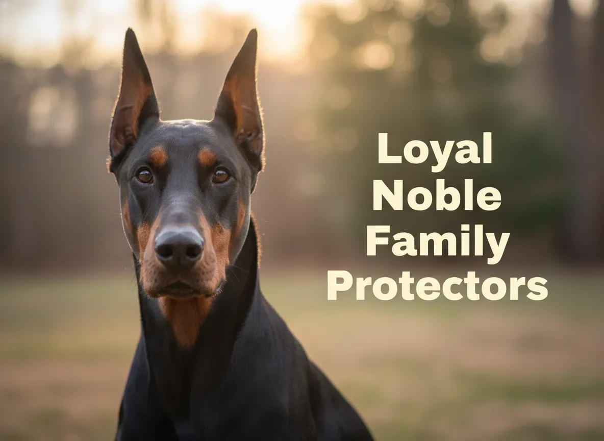Black tan doberman portrait calm noble expression family backyard setting