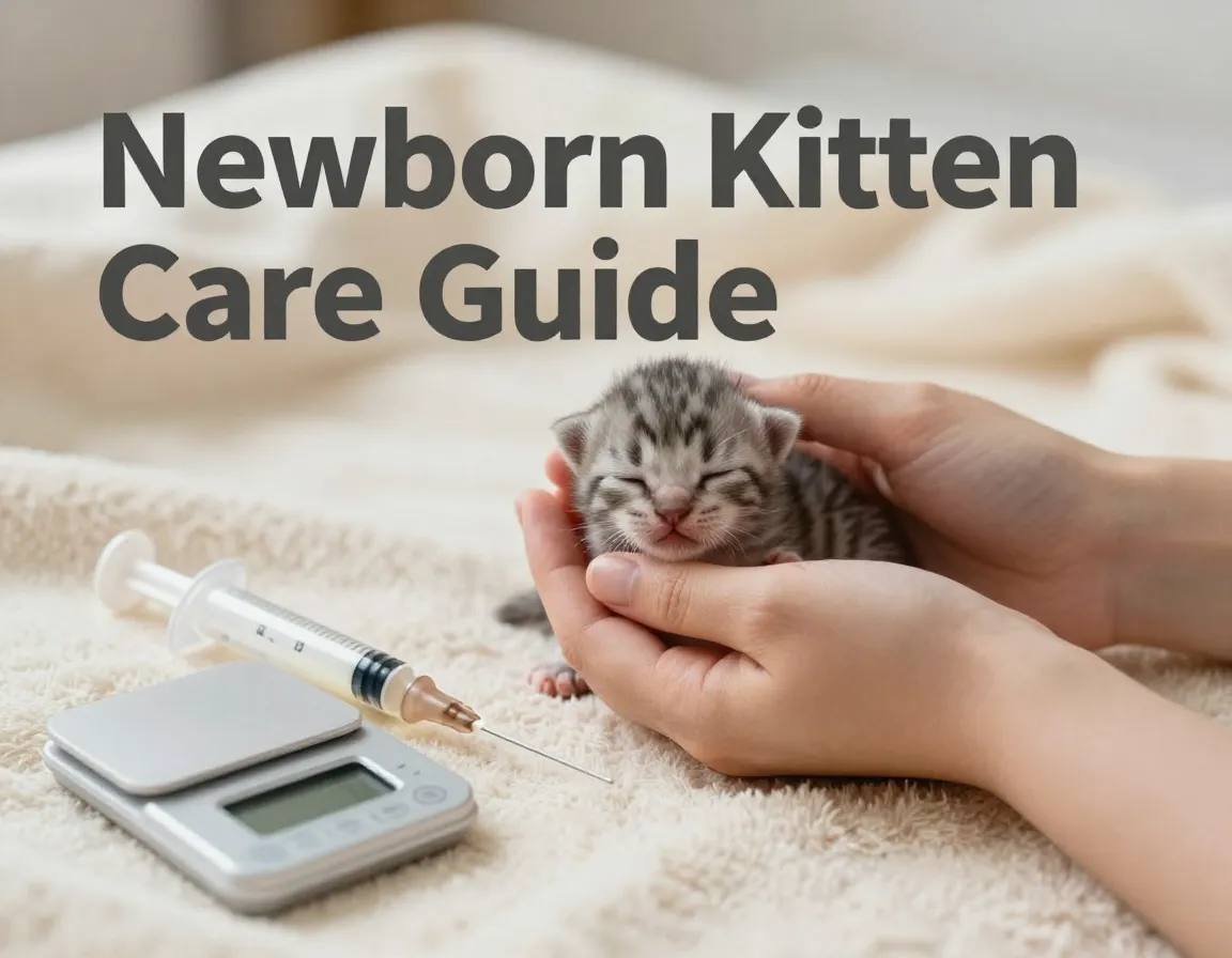 Hand cradling newborn kitten with feeding supplies on soft blanket