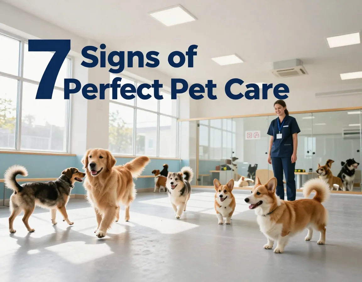 Low angle view modern dog daycare with happy pets and professional staff