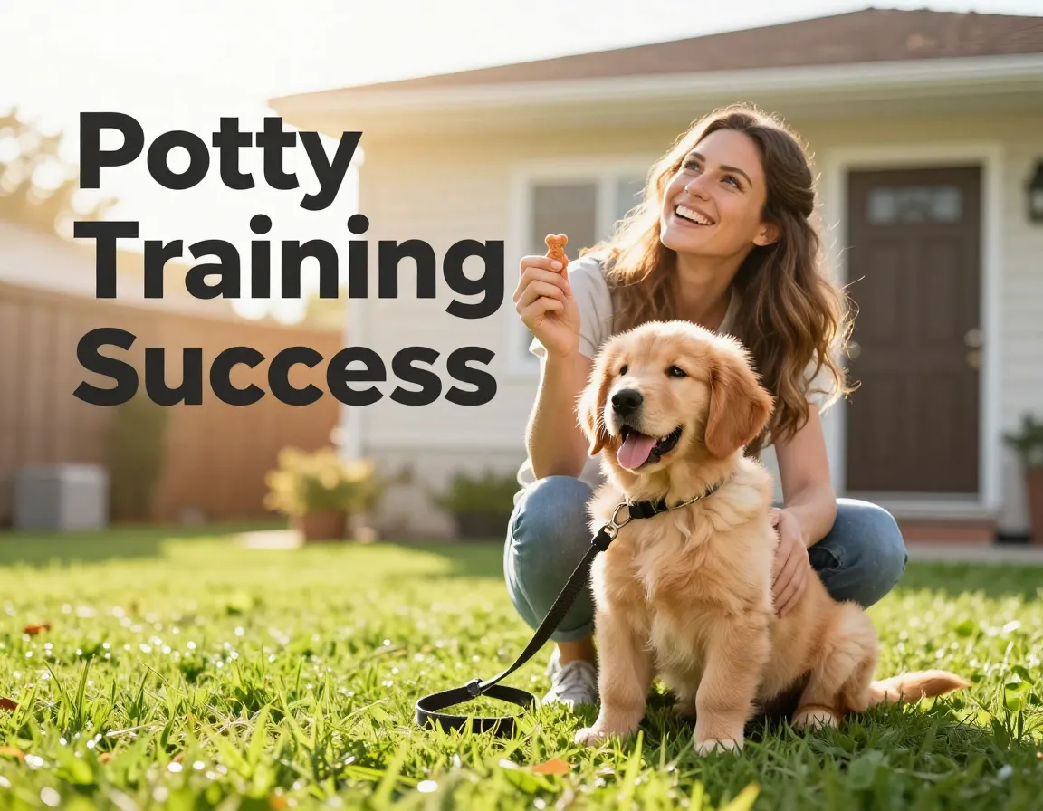 Woman puppy backyard potty training success sunlight joy
