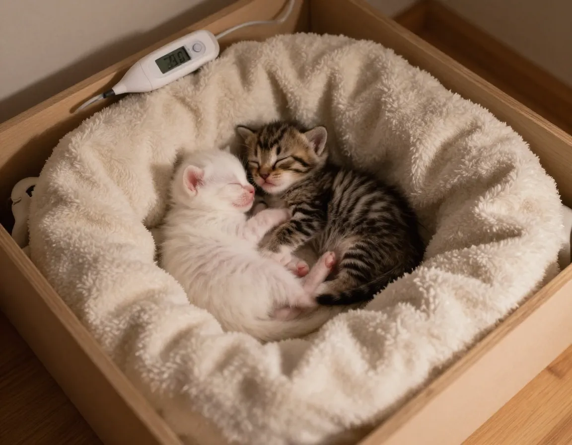 A cozy nesting box with two tiny sleeping newborn kittens on fleece blankets