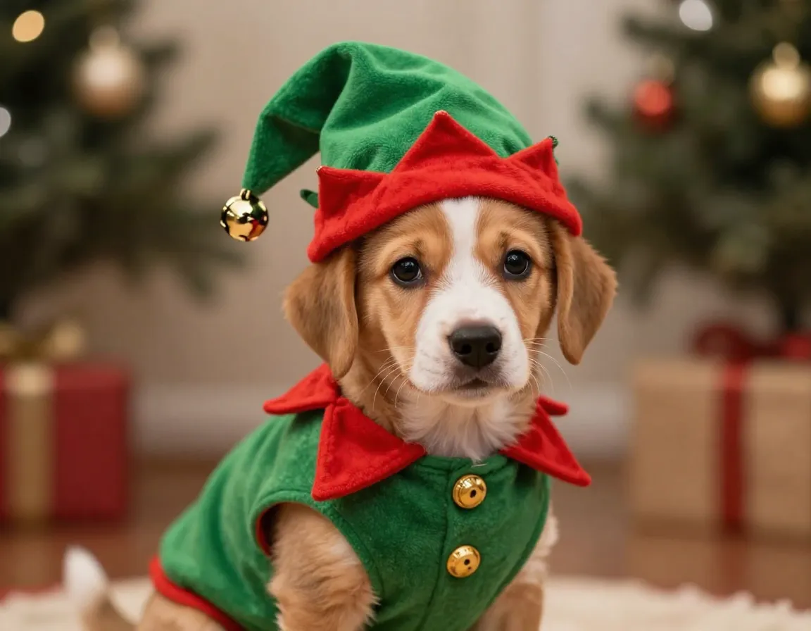 Classic santa helper elf costume on a puppy
