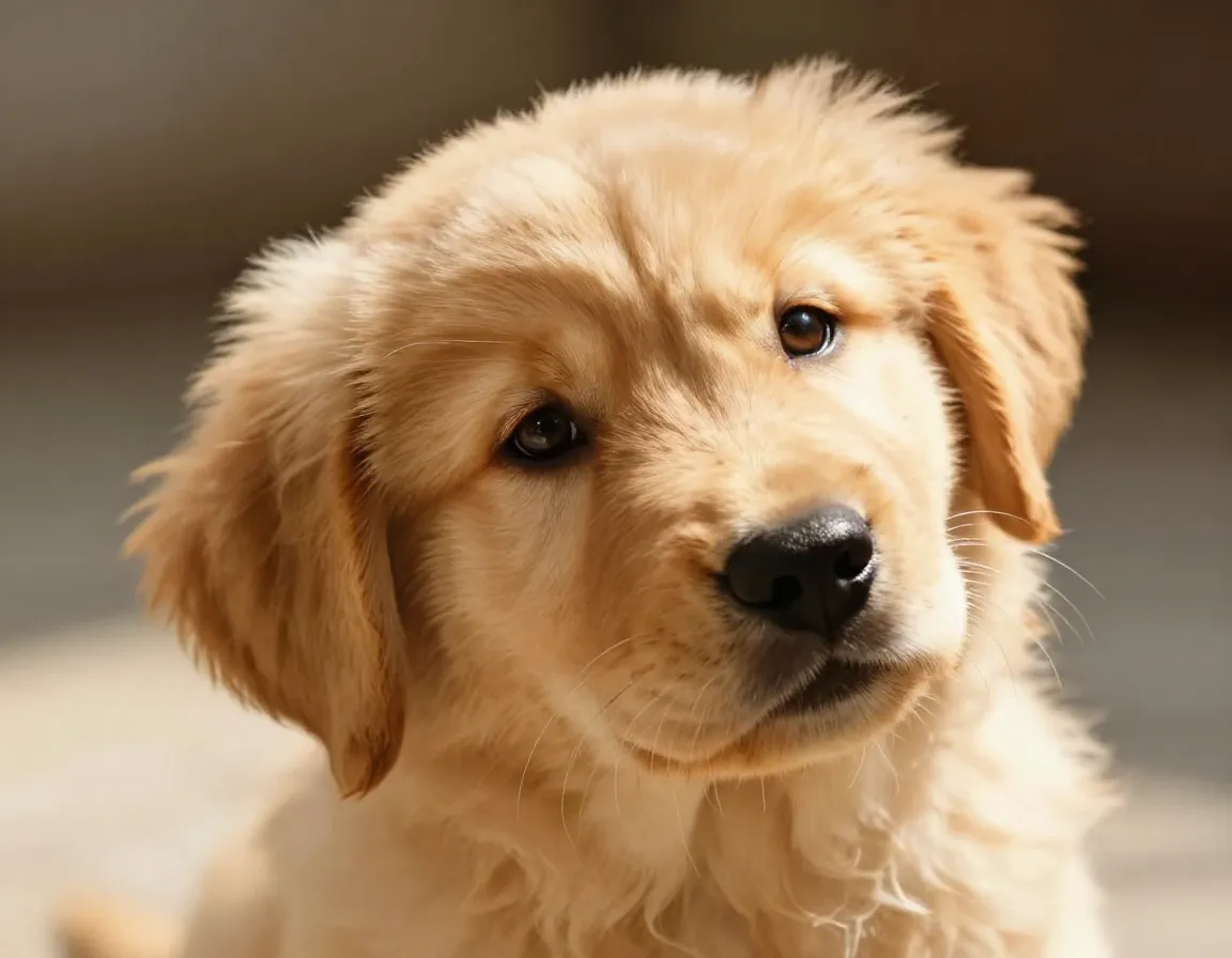 Golden retriever puppy head tilt innocence sunlight soft blur