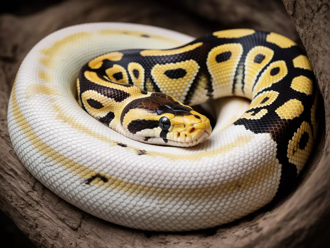 High white pied ball python scale pattern close up on dark substrate