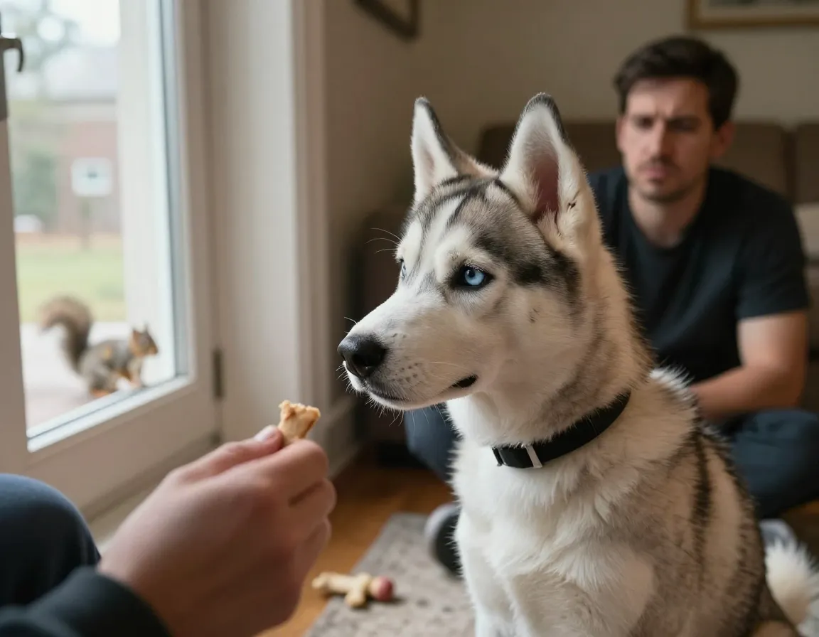 Stubborn husky puppy ignoring commands in a distracted living room