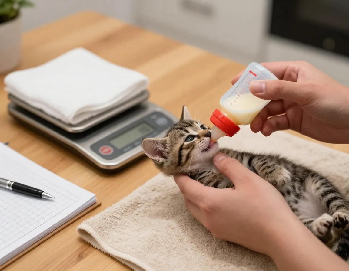 A hand feeding a tiny tabby kitten from a small bottle in a warm room