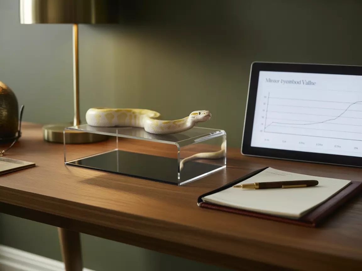 A pied python on an acrylic stand on a wooden desk with an investment chart on a tablet