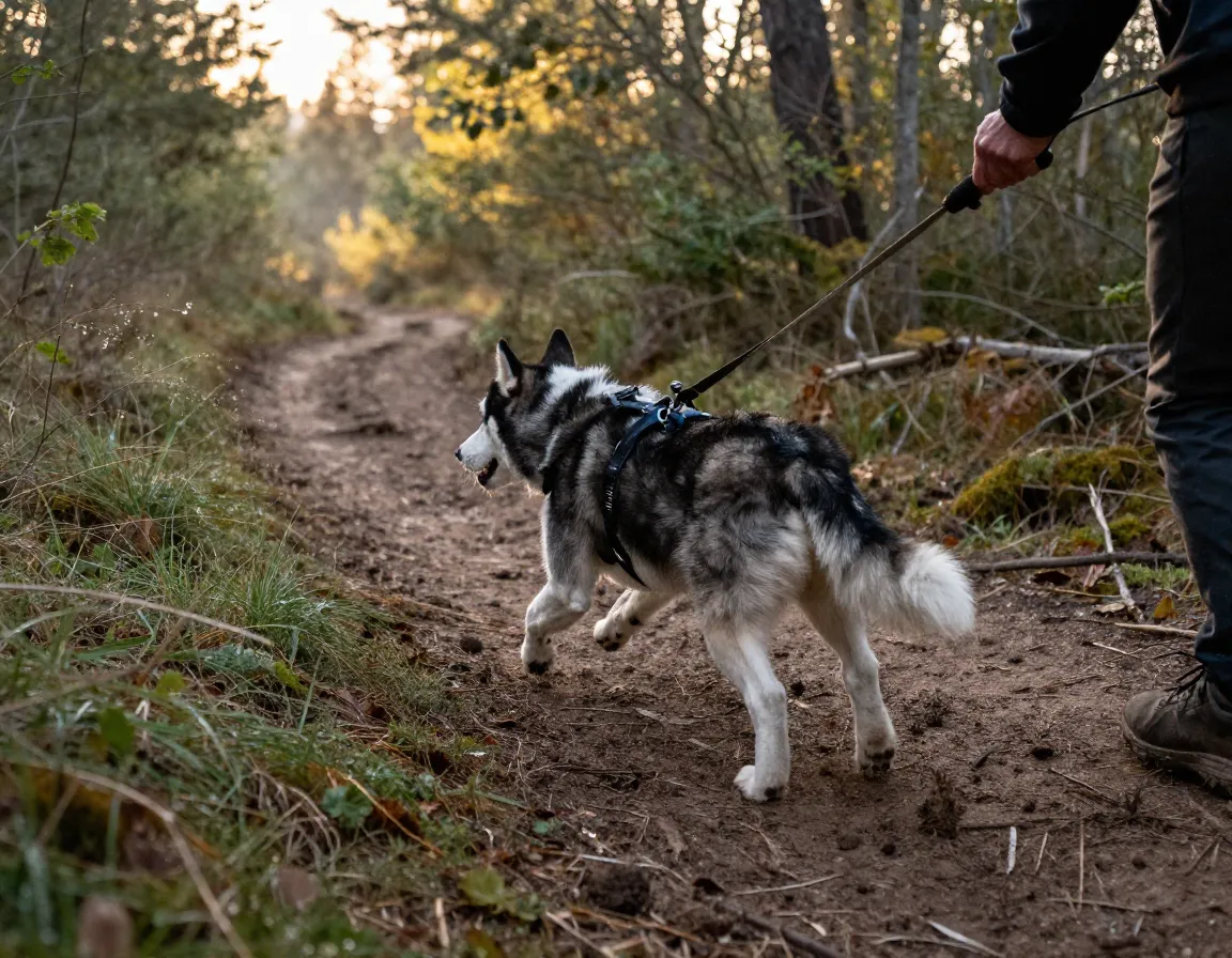 Energetic husky puppy pulling owner on a brisk morning hike