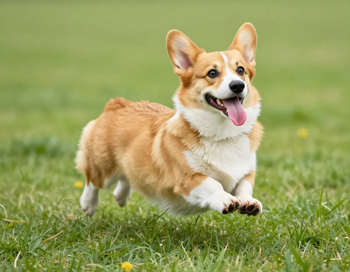 Welsh corgi mid bounce tongue out joyful green grass