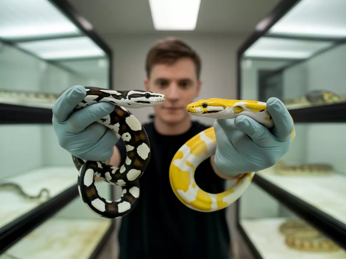 A hand holding a pied clown and a pied banana ball python in a breeding room
