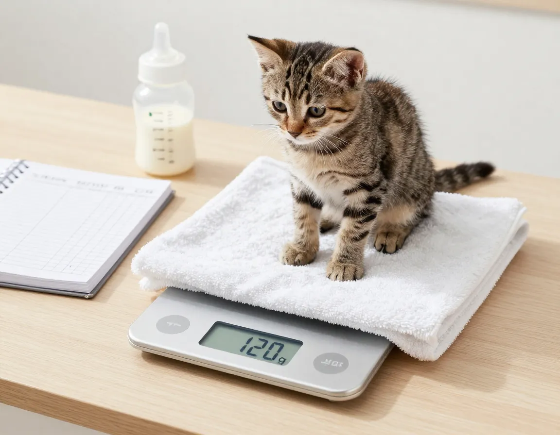 A small tabby kitten being weighed on a digital scale on a towel