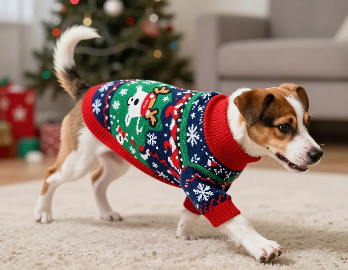 Puppy in an ugly christmas sweater with holiday prints