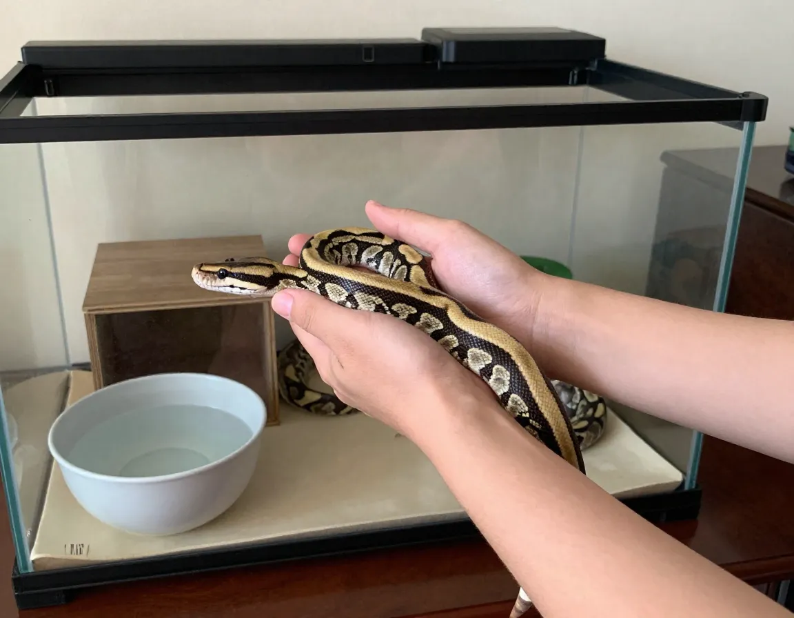 Adult pied python handled near its simple forty gallon enclosure