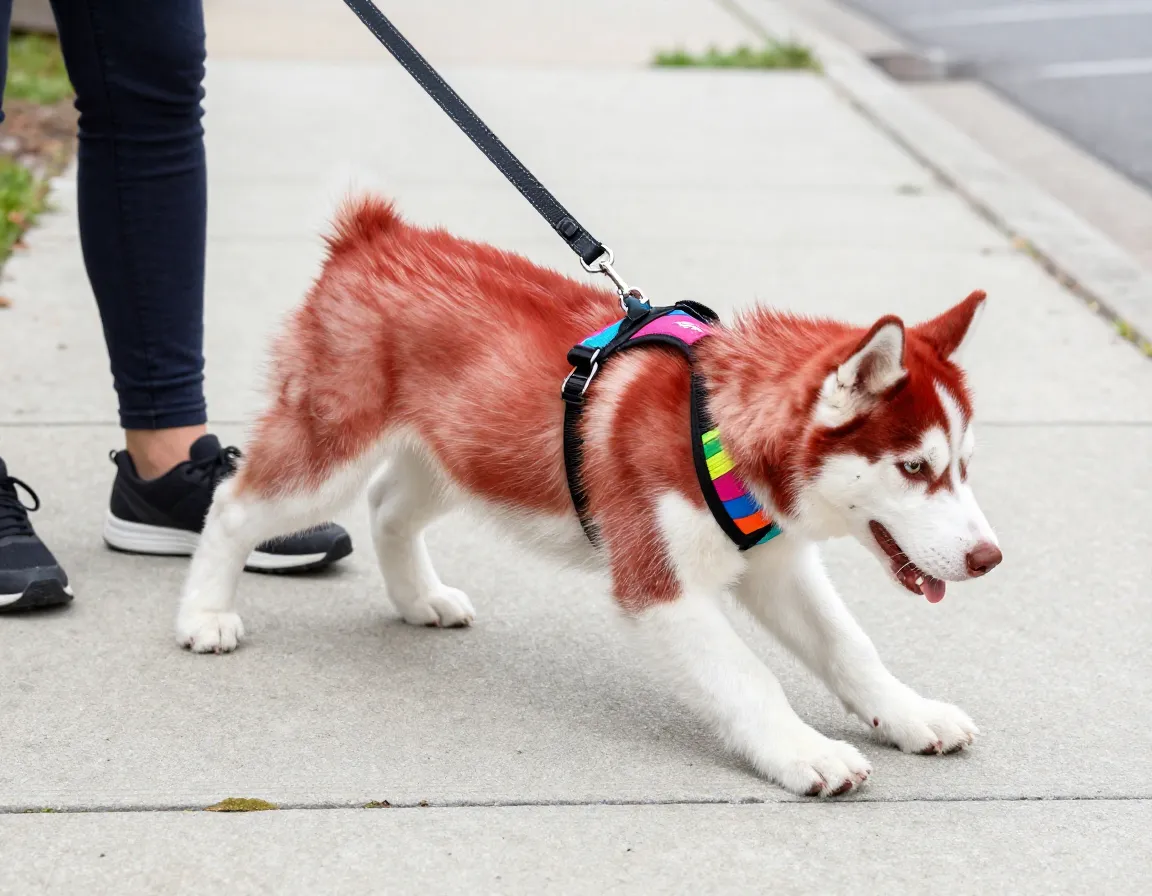 Husky puppy straining against a front clip harness during leash training