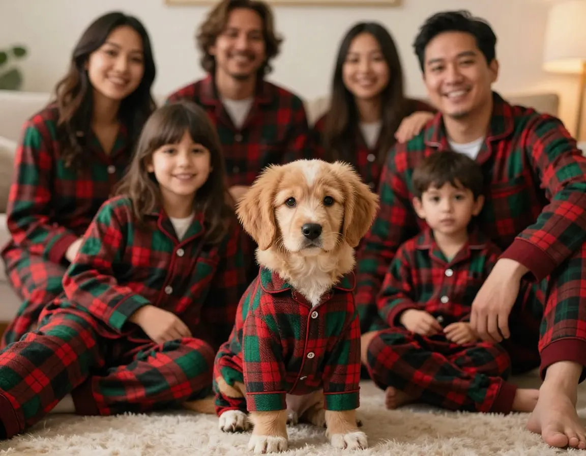 Puppy in coordinated family holiday plaid pajamas