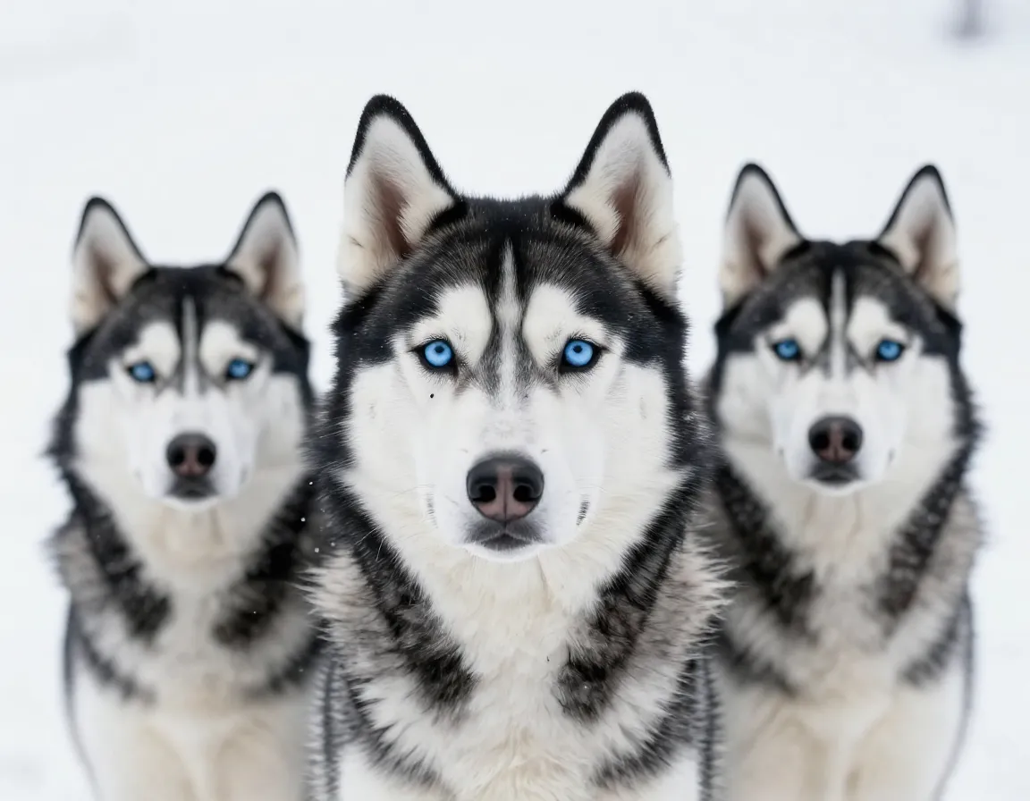 Siberian husky piercing blue eyes snowy winter backdrop