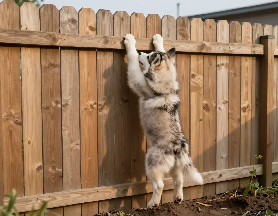 Clever husky puppy attempting to climb a tall wooden fence