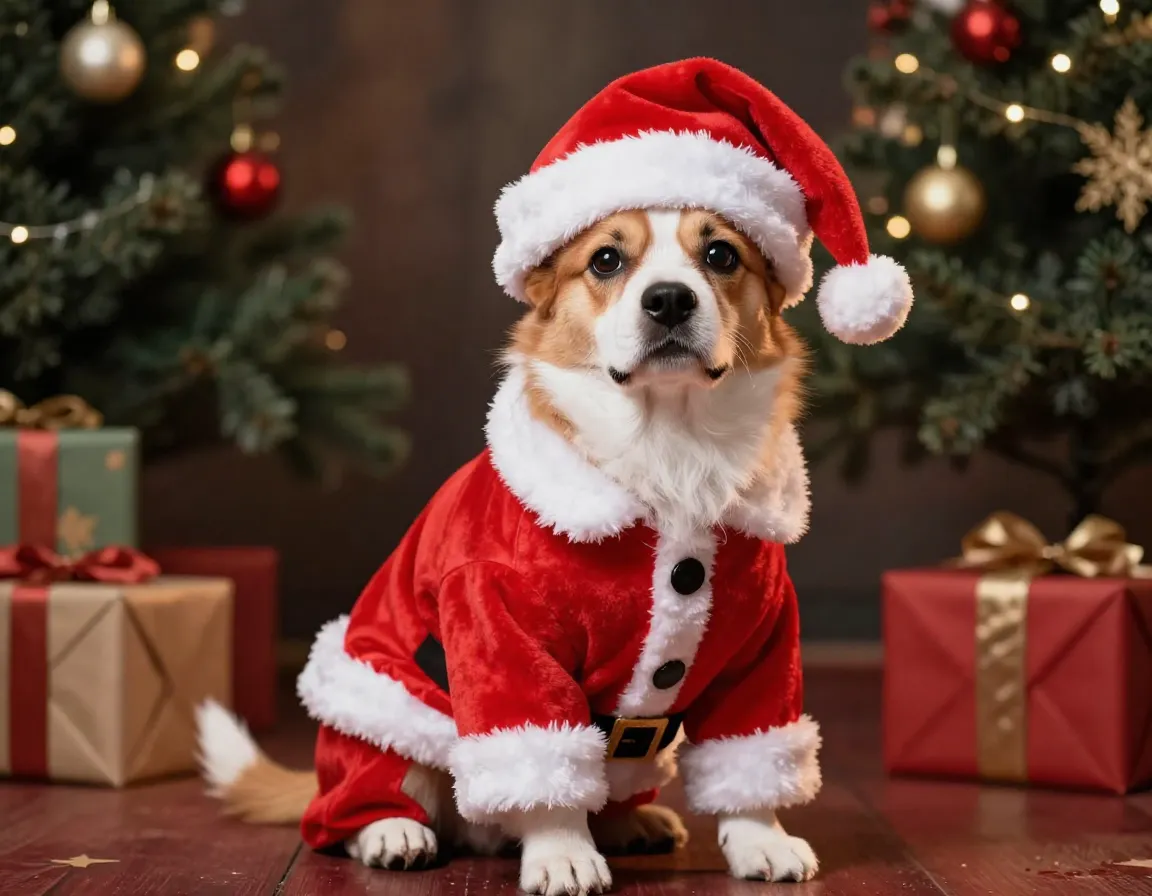 Complete santa suit with hat on a puppy
