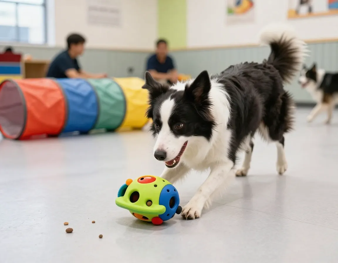 Dog engaged in puzzle toy enrichment activity at daycare
