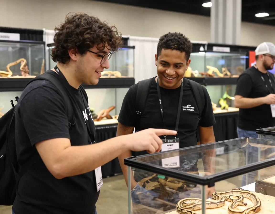 Enthusiasts discussing pied python at reptile expo booth