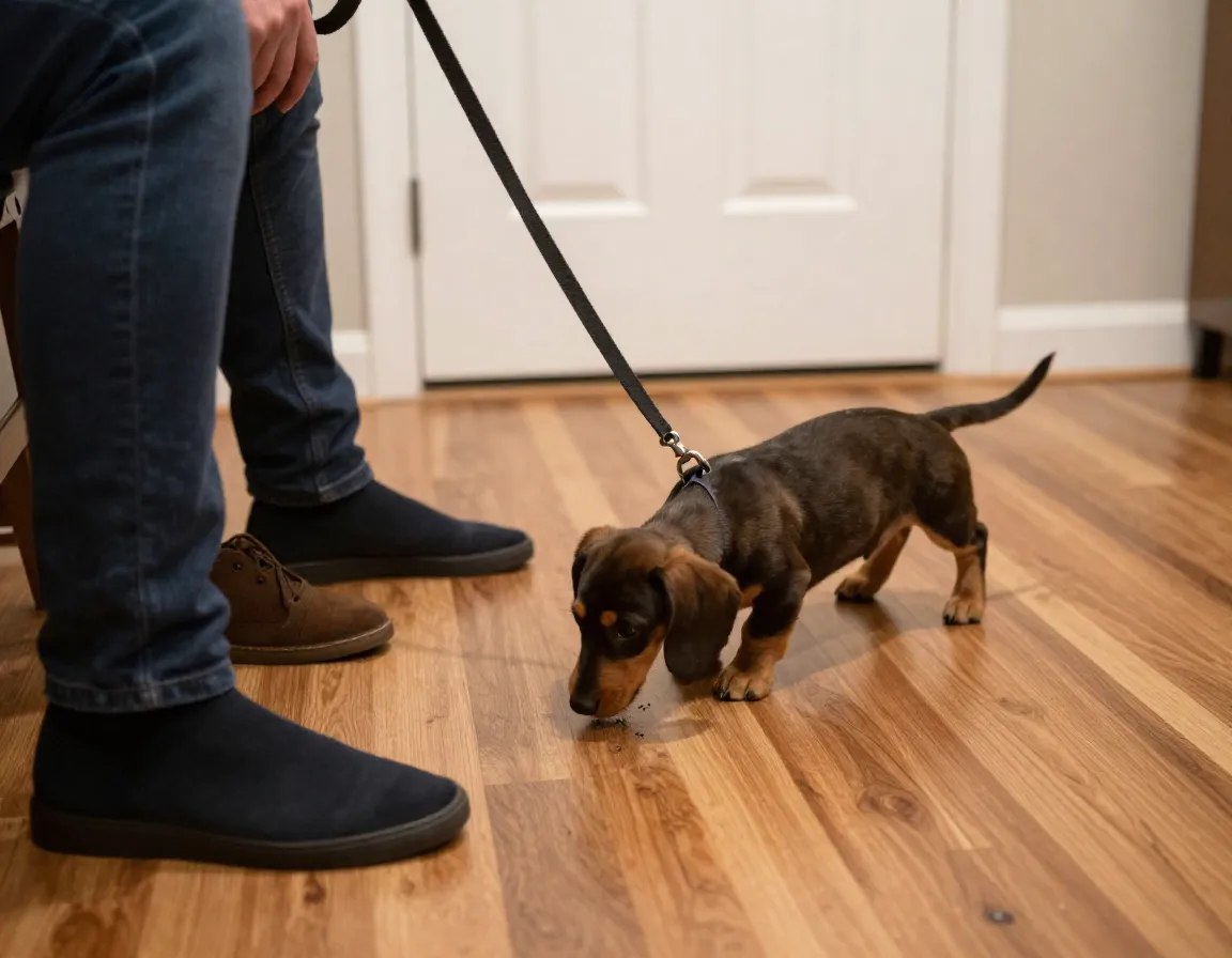 Owner supervising puppy sniffing circling whining warning signs