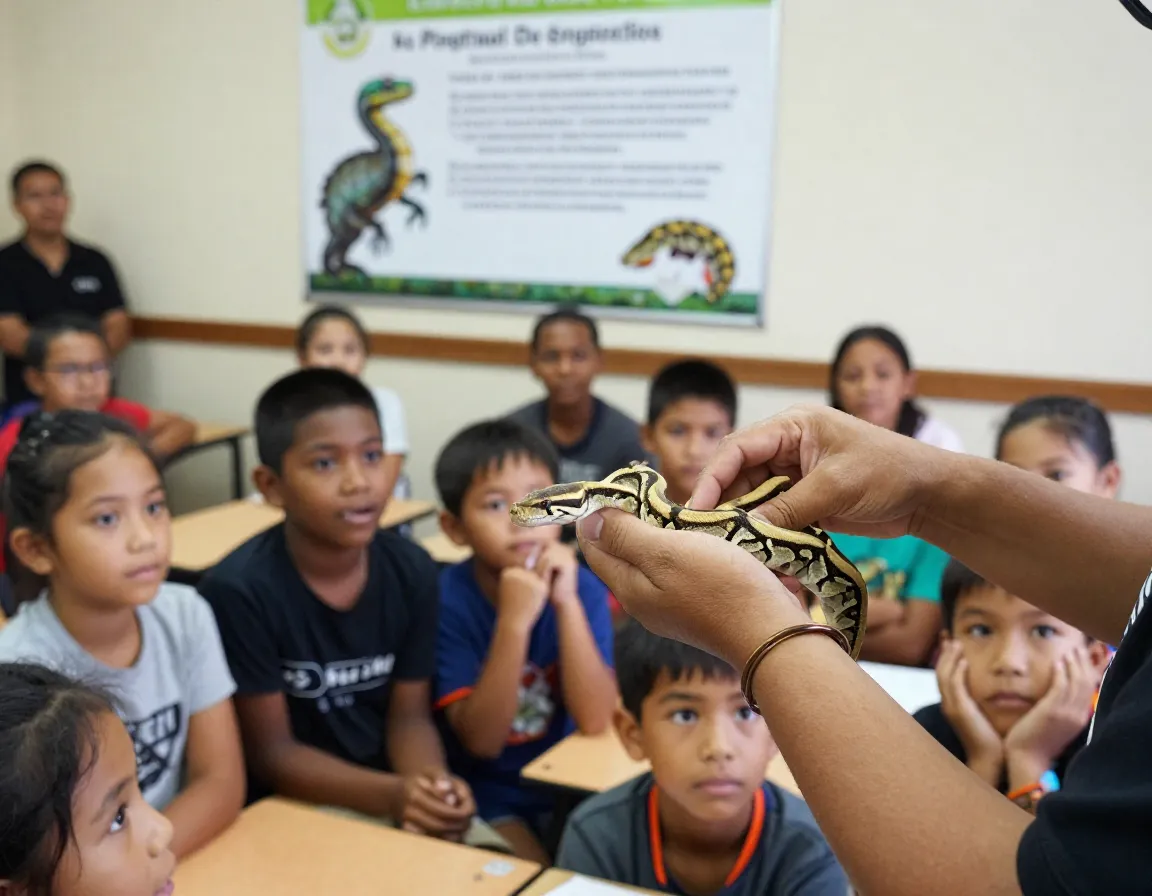 Educator using pied python to teach genetics to small group