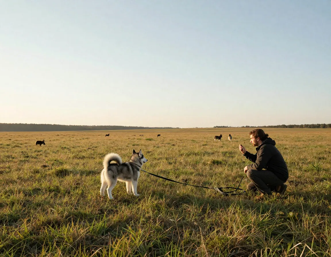 Husky puppy hesitating during recall training in a large open field