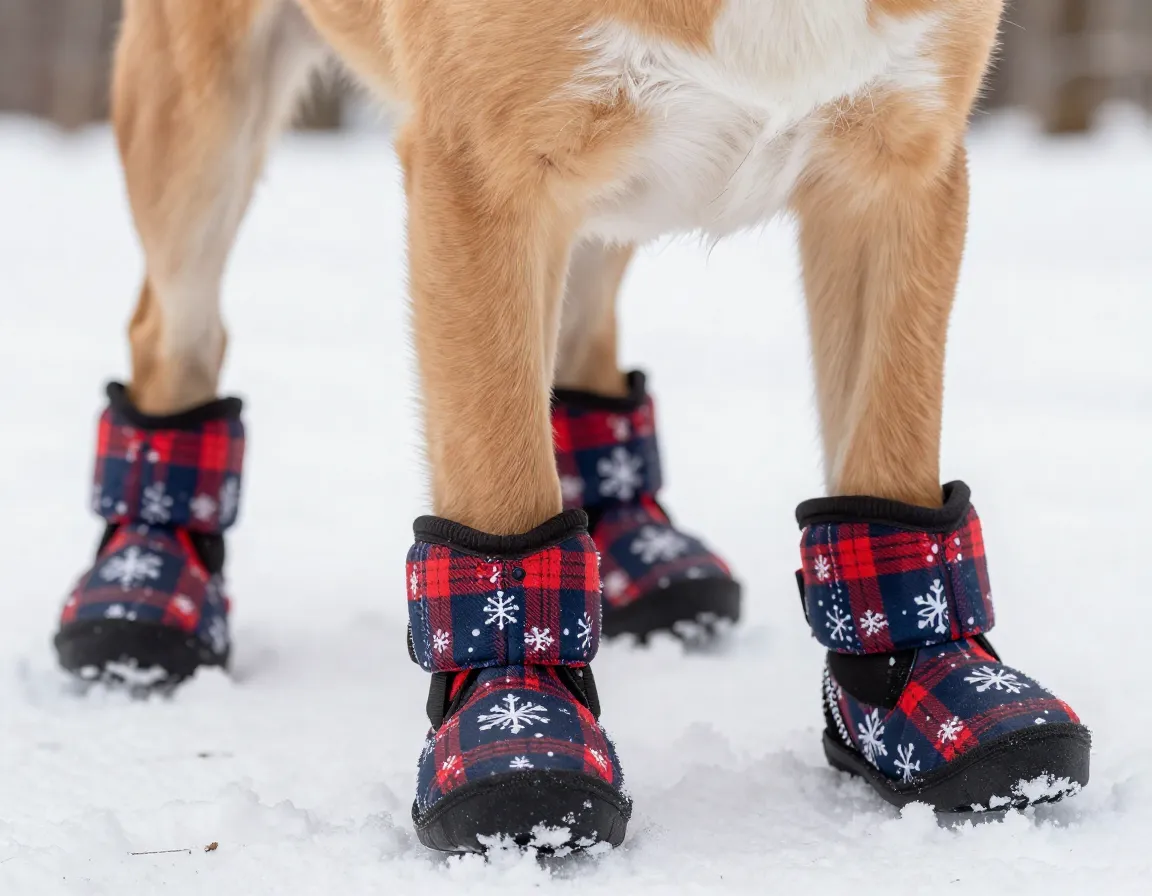 Puppy wearing protective winter boots with festive prints