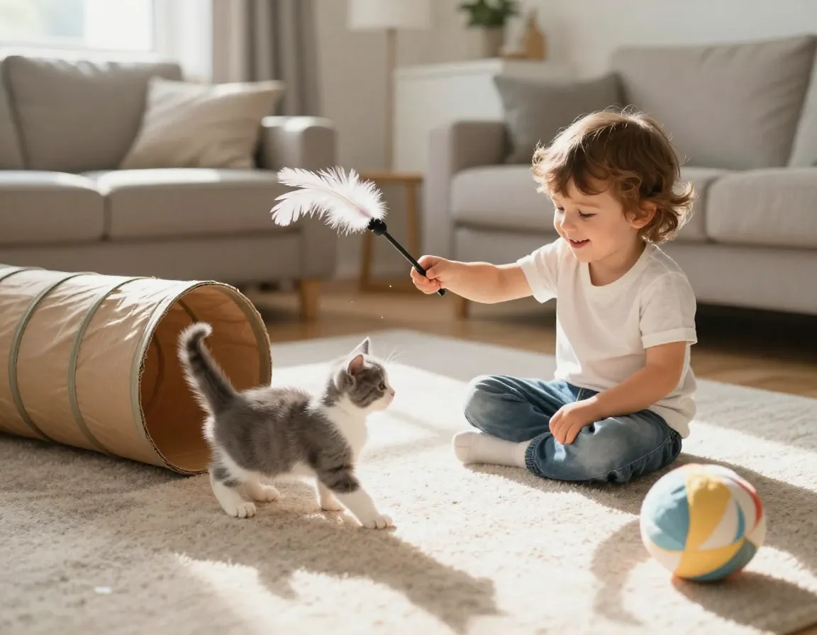 A child gently playing with a seven week old kitten using a feather wand toy