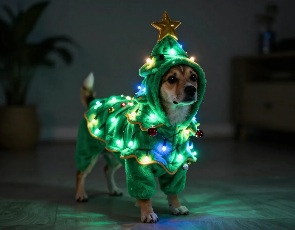 Christmas tree costume with led lights on a puppy
