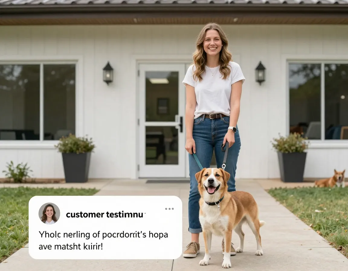 Happy customer testimonial photo outside facility with their dog