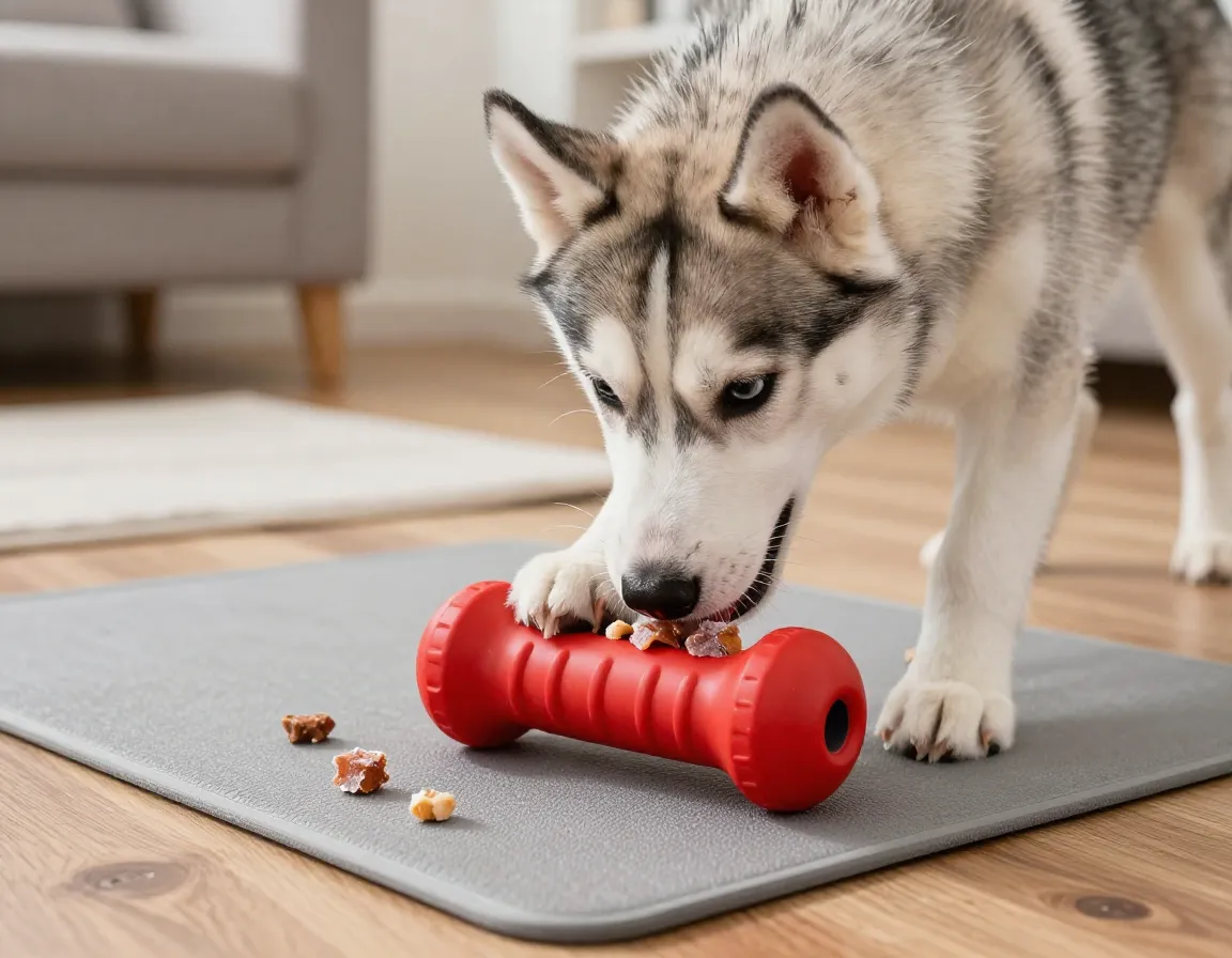Intelligent husky puppy solving a kong puzzle toy in a living room
