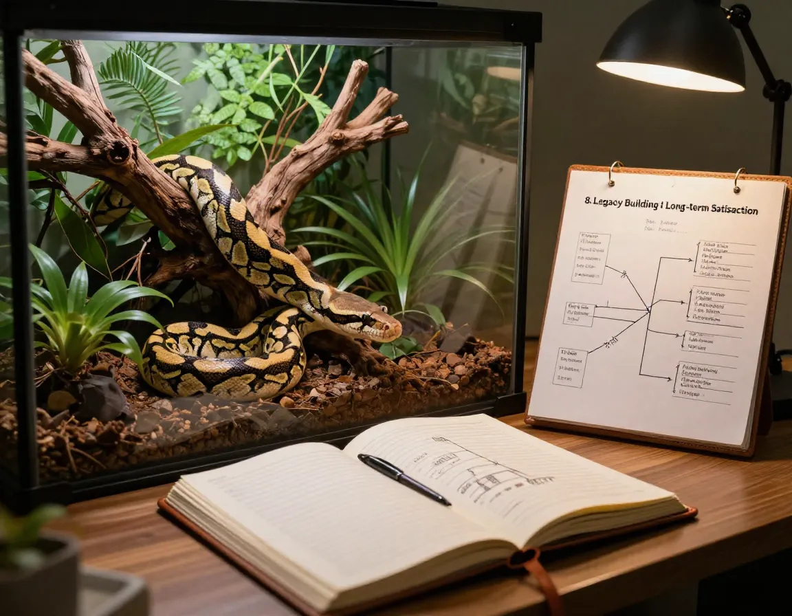 Mature pied python in naturalistic vivarium with lineage chart
